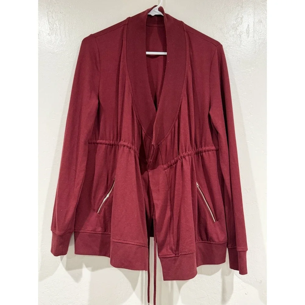 AllSaints Gina Drape Jacket Burgundy Oxblood Drawstring Waist Zip Pockets